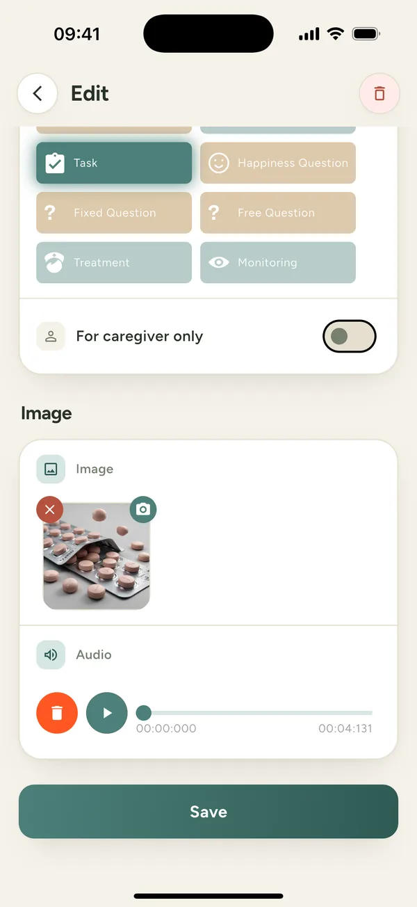 A reminder with a photo of the medication and a recorded voice message
