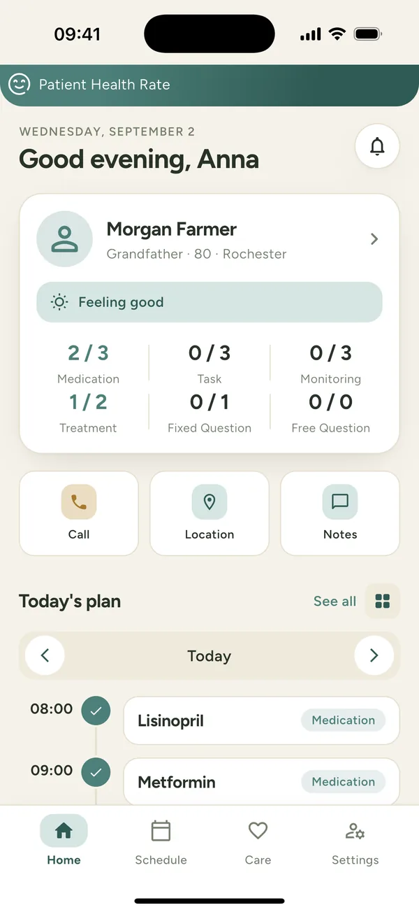 The Elms Care home screen, showing today's plan for a patient
